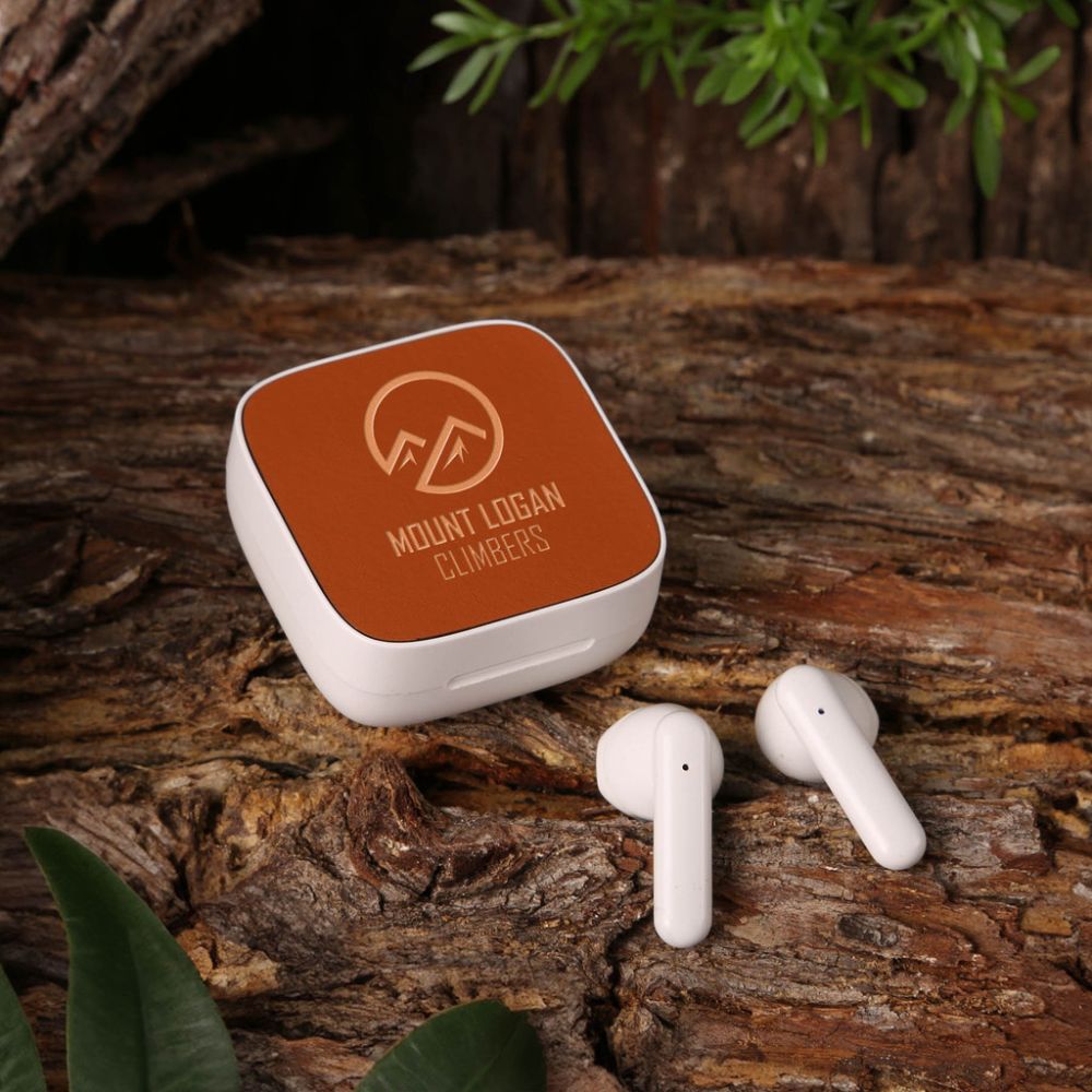 View of Sustainable Recycled Plastic & Recycled Leather Wireless Earbuds | Eco ...